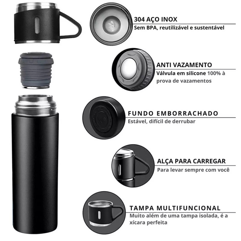 Garrafa Térmica + 3 Xícaras Aço Inoxidável